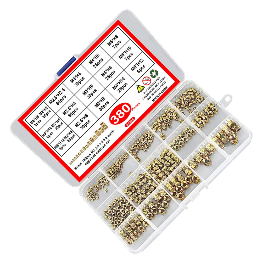 JZROCKER 380Pcs Threaded Inserts 2/2.5/3/4/5/6mm Knurled Nut Brass Embedding Nut