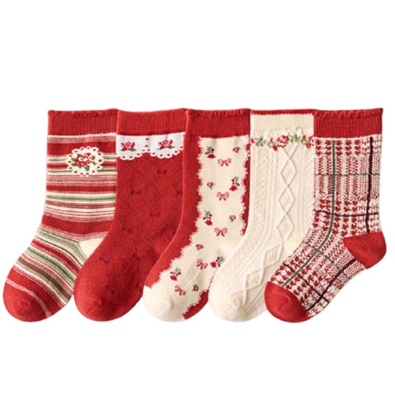 JZROCKER 5 Pairs Kids Christmas Crew Socks Cartoon Santa Snowman Children Holiday Hosiery