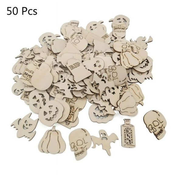 JZROCKER 50 Pcs Halloween Unfinished Wooden Slices DIY Handcraft Cutouts Embellishments