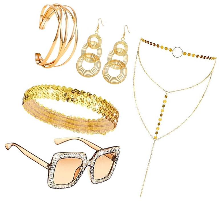 70s Disco Costume Accessories Set Hat Earrings Necklace Sunglasses Women\'s JZROCKER 5Pieces 70s Disco Dress up Jewelry Set, Sunglasses  main image 2