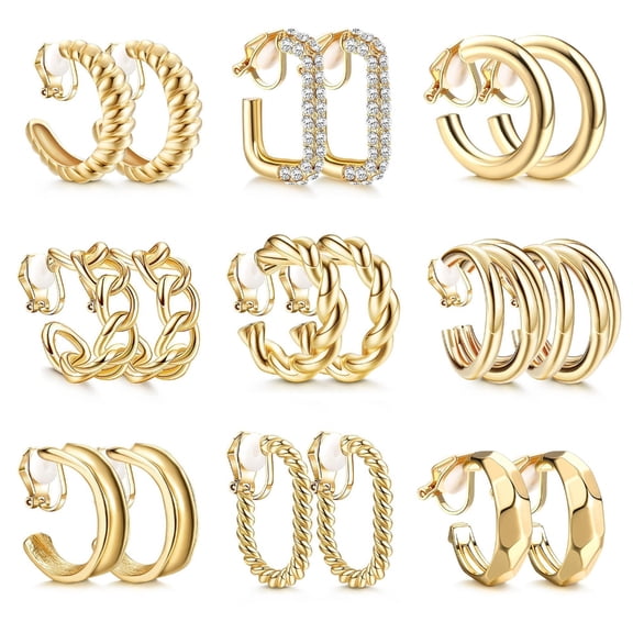 JZROCKER 9Pairs Elegant Gold Plated Clip On Earrings Stylish Without Pierced Gold Clip On Earrings Trendy Hoop Designs For Women
