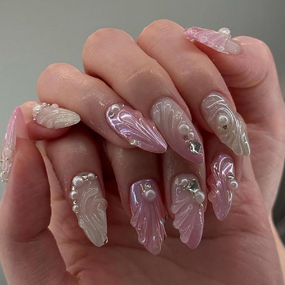 JZROCKER Almond Press on Nails Glossy Fake Nails Stick on Nails in 12 Sizes,24Pcs French Nails Tips for DIYS Nails Decorations
