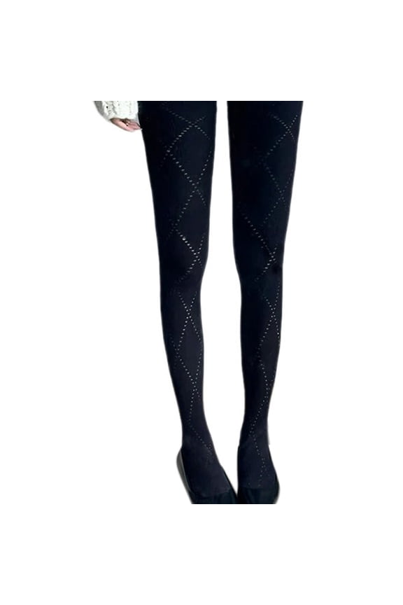 Cotton Tights with Hollowed Plaids Pattern for Women's Winter Opaque Pantyhose