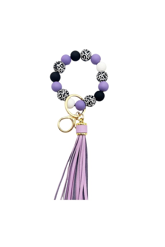 Cuteness Car Key Chain Holder Stylish Wood Bead Keyring Bracelet Wristlet with PU Tassels Beaded Keychain for Women