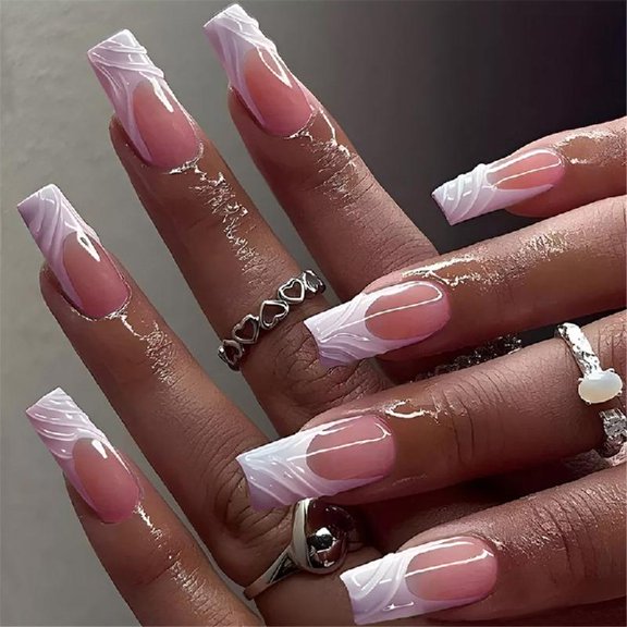 JZROCKER Elegant Press on Nails Square False Nails with French 3D Stripes Designs Artificial Nails Manicure Nails Accesories