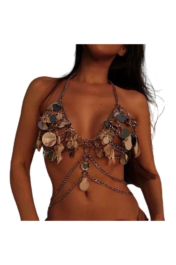 Eye Catching Acrylic Sequins And Shell Body Chain Necklace Fashion Body Jewelry Bra Chest Chain For Stylish Women