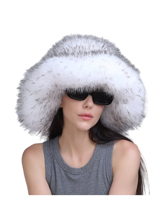 Faux Furs Caps Large Brims Hat Thick Warm Bucket Hat Cold Weather Headwear