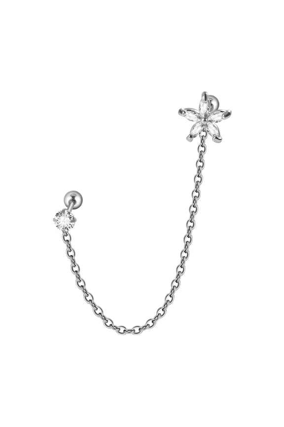 Flower Double Piercing Studs With Chain Cuffs Silver Color Cartilage Earring