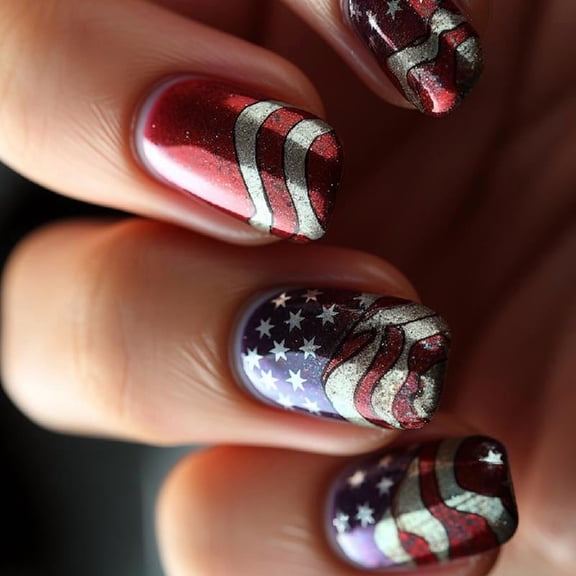 JZROCKER Independence Day Press on Nails with Star and Stripes Designs Glitters Artificial Nails 4th of July False Nails 24Pcs