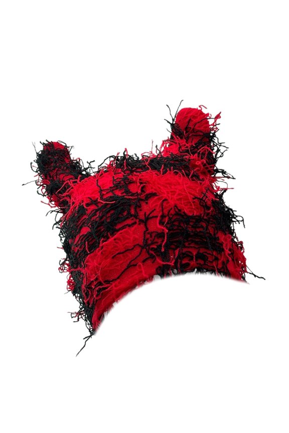 Kitten Ear Hats Messy Coil Slouch Beanies for Women Colorful Fringed Hat