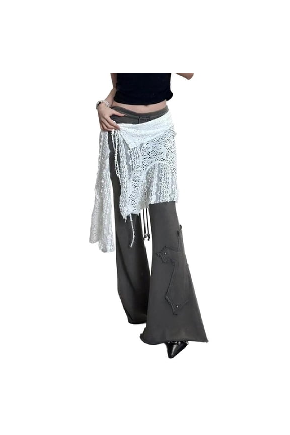 Korean Hollow Floral Lace Overlay Half Skirt for Women Asymmetrical Hip Wrap Apron Skirt Tie Up Overskirt Shirt Extender