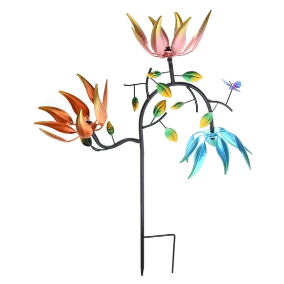 JZROCKER Large Sculpture Stake Wind Spinner with Spinning Flower Butterflies 18x7x49''
