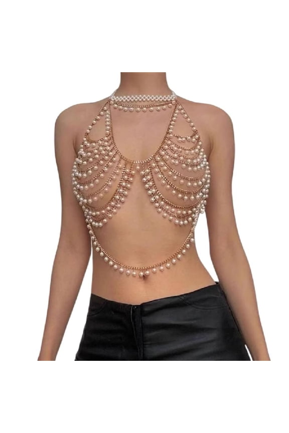 Multi Layer Pearls Beaded Halterneck Bra Vest for Women Hollowed Chest Chain Body Jewelry Bralette Raves Party Clubwear