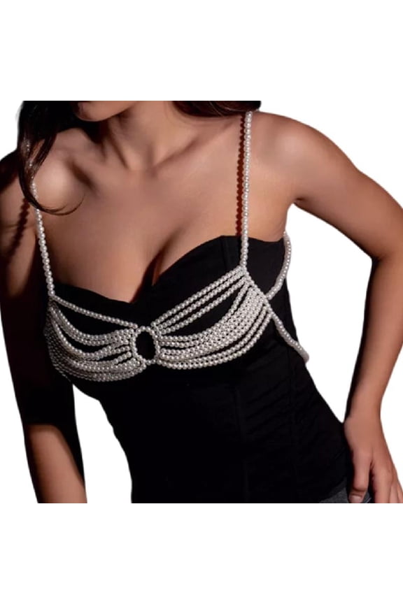 Pearls Layered Bustier Tube Top Bra for Women Body Jewelry Chest Chain Bralette Beach Festival Party Sleeveless Camisole