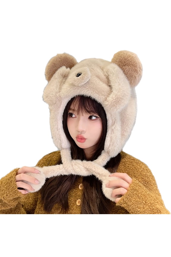 Plush Bear Ear Trapper Hat Ear Protective Hat Unisex Hat Cold Weather Caps
