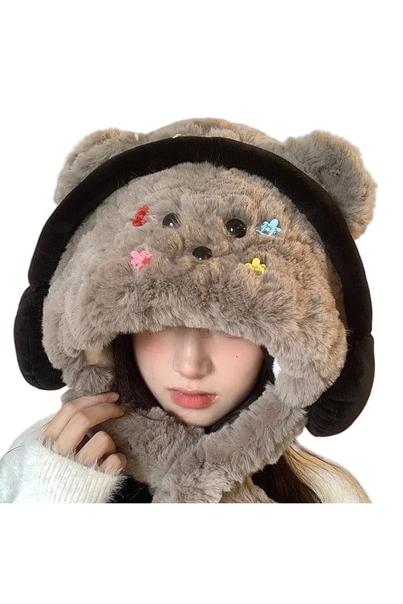 Plush Bear Hat Warm Trapper Hat Ear Protective Hat Teens Cold Weather Caps