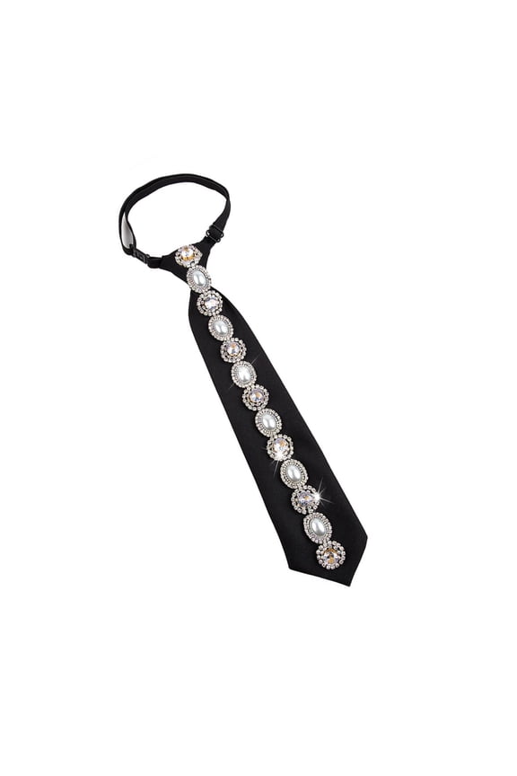 Retro Black Necktie for Women with Adjustable Strap Crystal Rhinestones Pearls Accent Graduation Party Pre Tied Neck Tie