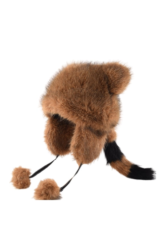 Roleplay Plush Raccoon Hat Winter Warm Caps Hat for Mountain Climbing