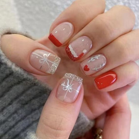 JZROCKER Seasonal Glittering Elk Press On Nail Tips 24Pcs Short Square for Christmas