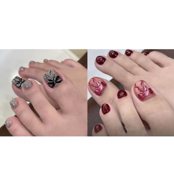 JZROCKER Short Square Fake Toenails Bows Press on Toe Nails Acrylic False Toes Nails Artificial Toenails Full Covers Toenails