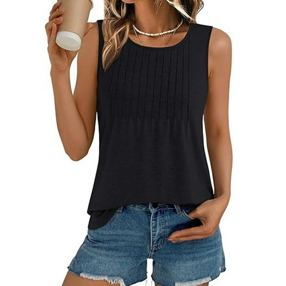 JZROCKER Stylish Sleeveless Casual Top with Round Neckline and Flowing Pleats Solid Tanks Tops Suitable for Shopping or Gatherings