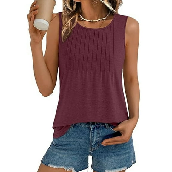 JZROCKER Stylish Sleeveless Casual Top with Round Neckline and Flowing Pleats Solid Tanks Tops Suitable for Shopping or Gatherings
