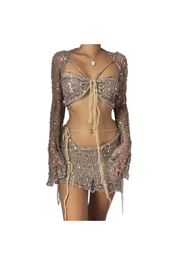 Stylish Women's Sparkling Sequins Loungewear Beach Tube Top and Skirt Set with Hollowed Knit Long Sleeve Shrug Coverup