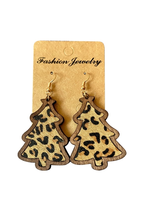 Vintage Wood Christmas Tree Earring Women Earring Leopard Printed