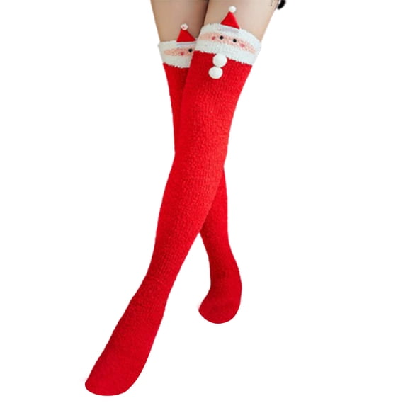 JZROCKER Women Christmas Coral Velvet Thigh High Stockings Cute Santa Claus Elk Pattern Fuzzy Fluffy Plush Home Sleeping Over Knee Long Socks Leg Warmers