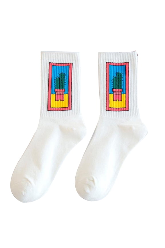 Women Cotton Crew Socks Kawaii Cute Moon Cactus Strawberry Print Ankle Hosiery