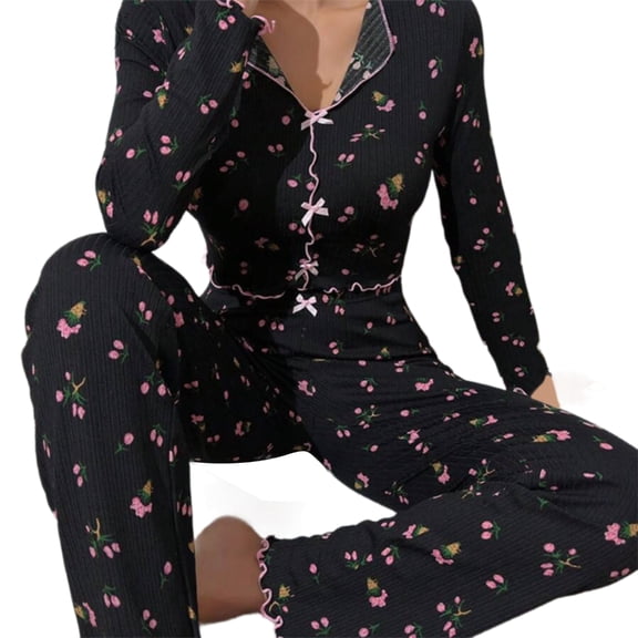 JZROCKER Women Floral Print Pajamas Set 2Pcs Ruffle Trim Long Sleeve Sleepwear Lapel V Neck Bowknot Crop Top and Long Pants