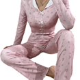 thumbnail image 1 of JZROCKER Women Floral Print Pajamas Set 2Pcs Ruffle Trim Long Sleeve Sleepwear Lapel V Neck Bowknot Crop Top and Long Pants, 1 of 14