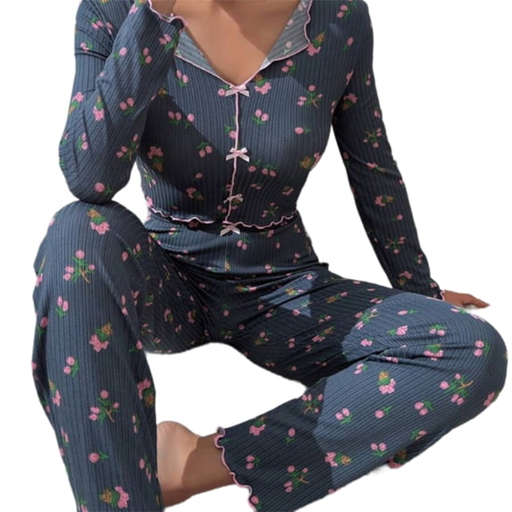 JZROCKER Women Floral Print Pajamas Set 2Pcs Ruffle Trim Long Sleeve Sleepwear Lapel V Neck Bowknot Crop Top and Long Pants