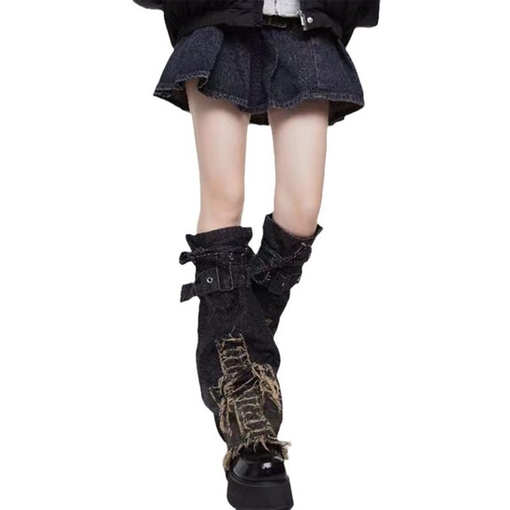 JZROCKER Women Harajuku Jeans Leg Warmer Punk Buckled Distressed Crosses Flared Socks