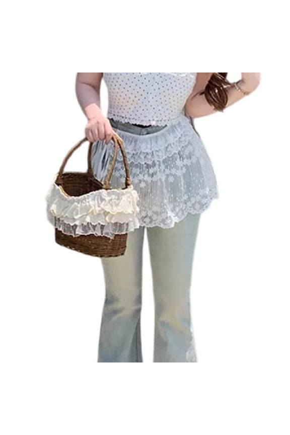 Women See Through Flower Lace Layering Short Apron Skirt Vintage Sheer Mesh Covering Overskirt Tie Up Bandage Hip Scarf