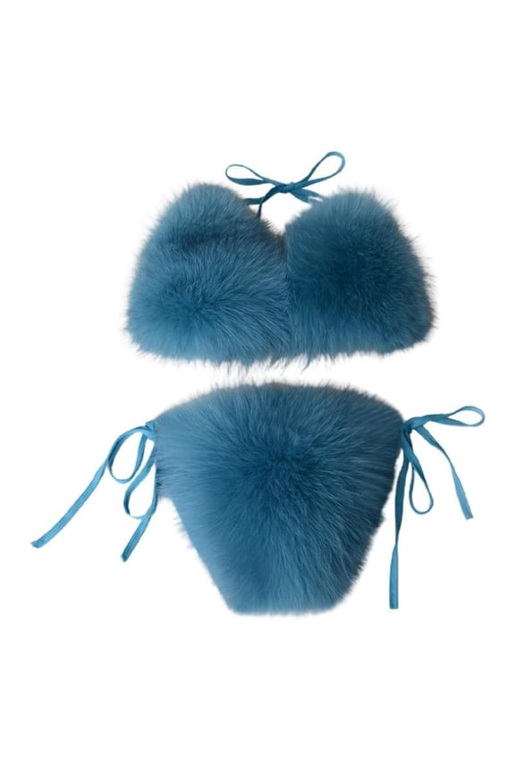 Women Sexy 2pcs Faux Fur Bikini Set Halter Triangle Bralette Swimsuit Tie Side Solid Color Plush Bathing Suit Clubwear