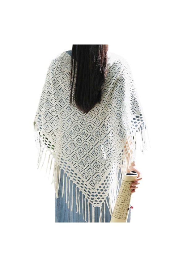 Women's Spring Knitted Shawl Wrap with Crochet Pattern and Tassels For Layering On Chilly Night and Vacation Daily Wear