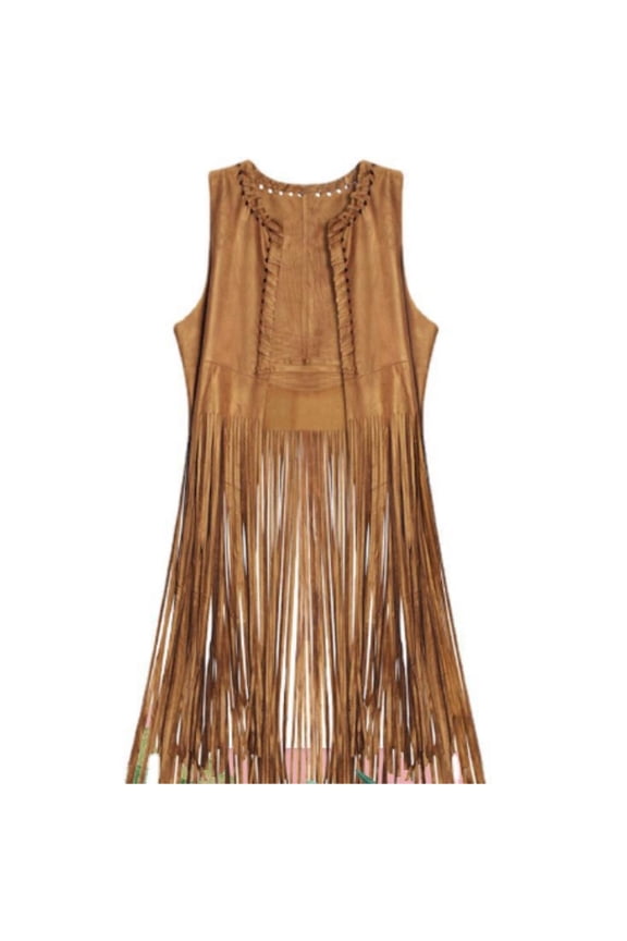 Women's Tassels Sleeveless Vest 70s Hippie Faux Suedes Fringe Jackets Cardigan For Halloween