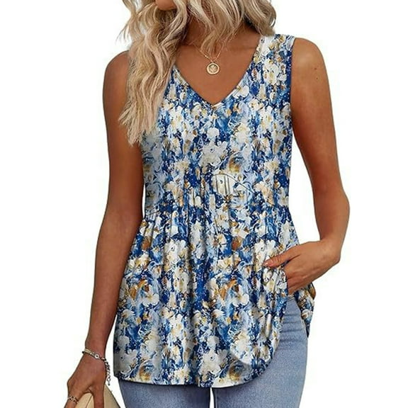 JZROCKER Womens Eyelet Embroidery Sleeveless V Neck Peplum Tops Casual Pleated Ruffle Flared Flowy Tanks Top Elegant Tunics Shirt