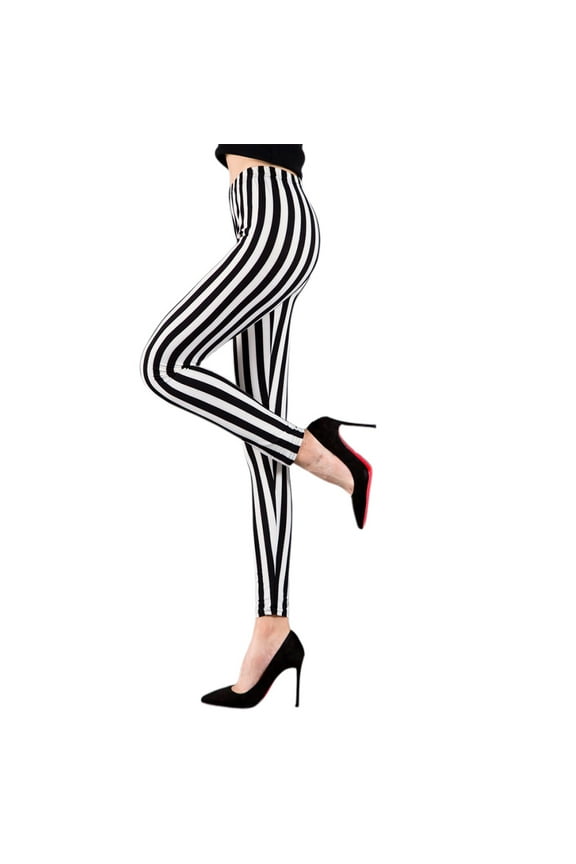 Womens Mid Rise Ankle Length Stretchy Leggings Black White Vertical Striped Prin