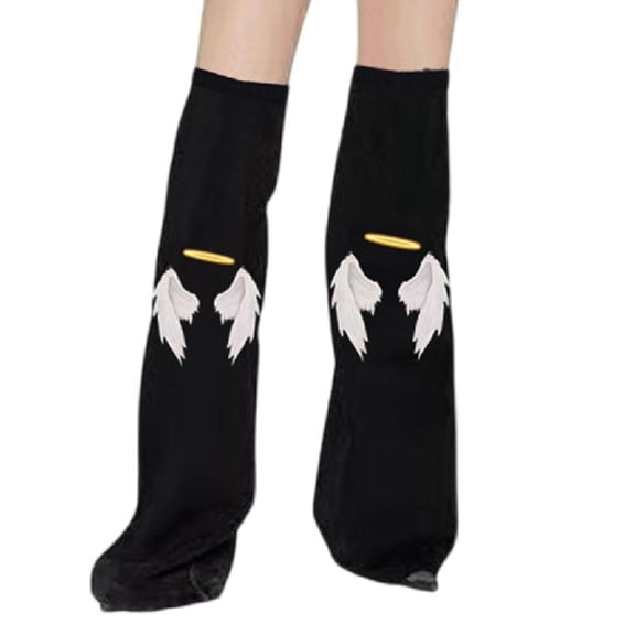 JZROCKER Womens Punk Aesthetic Angelic Wing Halos Print Leg Warmers Overknee Black Denims Flared Baggy Boot Covers Footless Socks