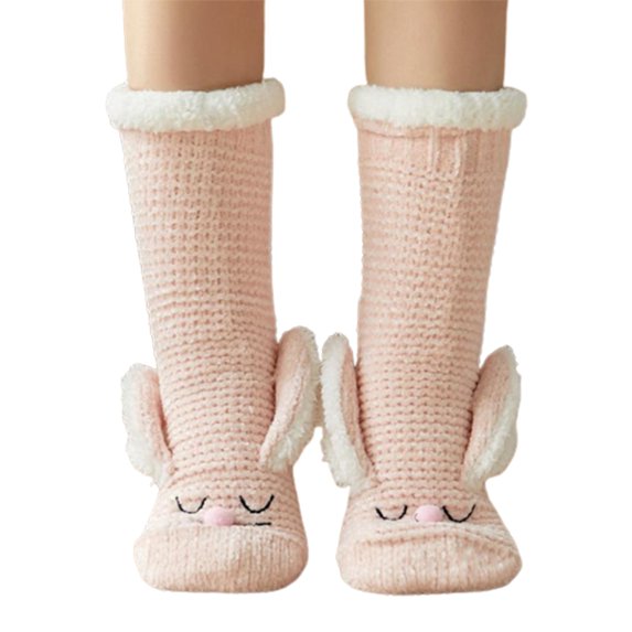 JZROCKER Womens Winter Fuzzy Slipper Socks with Grippers Cartoon Rabbit Ears Fleece Lined Thermal Non-Slip Knit Floor Hosiery