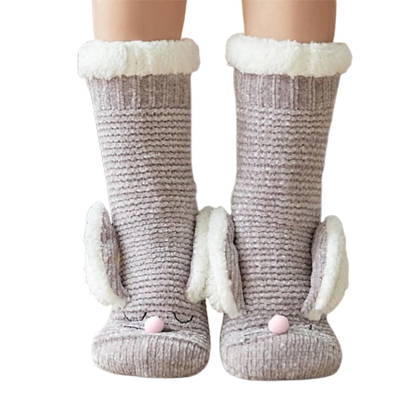 JZROCKER Womens Winter Fuzzy Slipper Socks with Grippers Cartoon Rabbit Ears Fleece Lined Thermal Non-Slip Knit Floor Hosiery