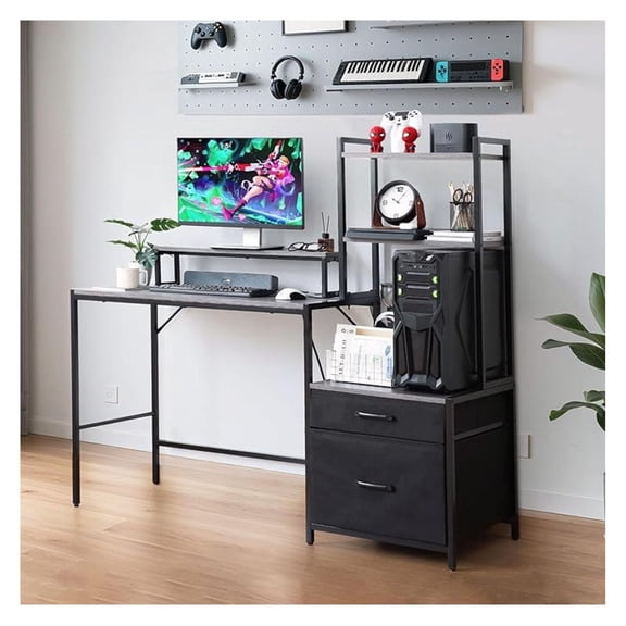 JZWAL Small Home Office Study Desk - Freestanding Ladder Design with Fabric Drawers & Side Bag - Modern Vanity Makeup Desk - 2 Tier Shelf & Computer Gaming Station (Grey, Large)