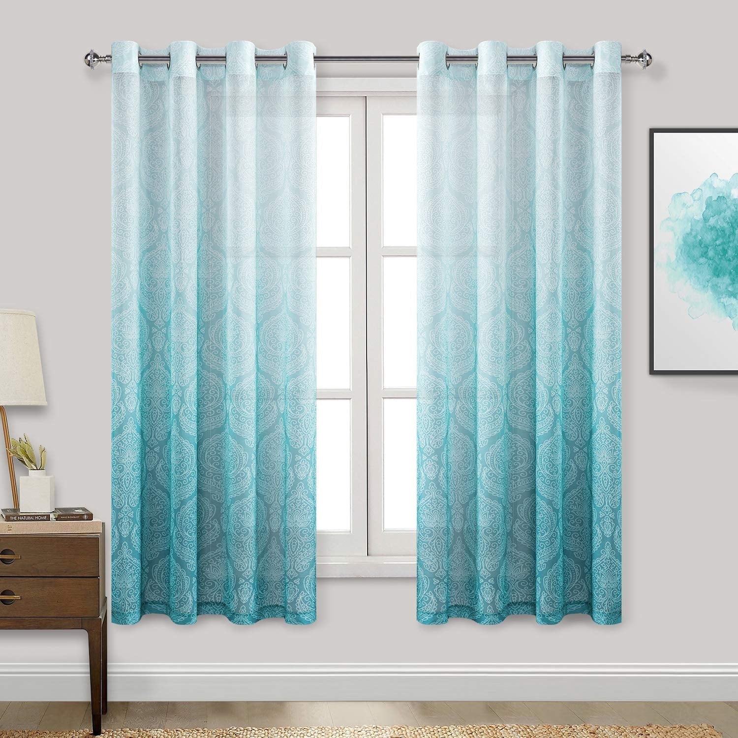 JIUZHEN Damask Ombre Semi Sheer Curtains for Living Room - Faux Linen Gradient Grommet Voile Curtains for Boys Kids Room Bedroom, 2 Window Curtain Panels, 52 x 63 inch Length, Turquoise