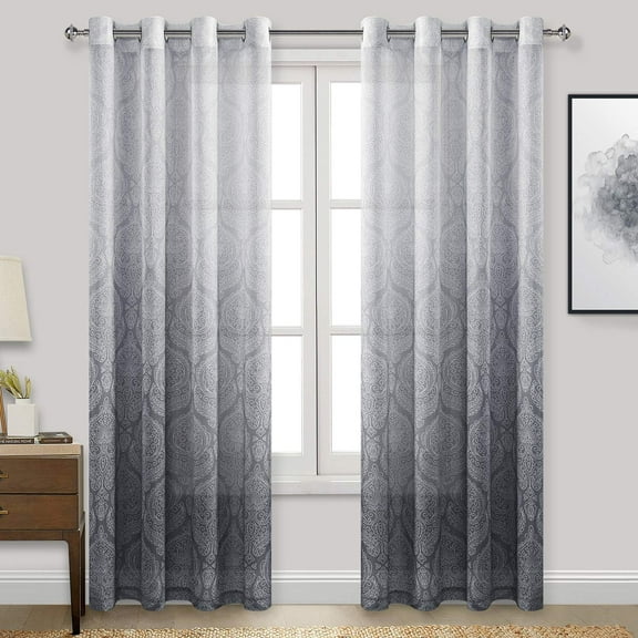 JIUZHEN Grey Damask Ombre Semi Sheer Curtains for Living Room - Faux Linen Gradient Grommet Voile Curtains for Bedroom, 2 Window Curtain Panels, 52 x 84 inches Long