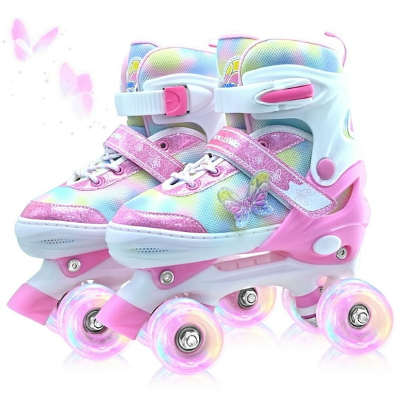 JZY Butterfly Quad Rollerskates for Girls Ages 3-12, 4 Size Adjustable Light Up Wheels, Indoor Outdoor Beginners Skates, Children's Birthday Gift