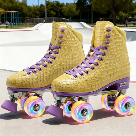 JZY Light Up Roller Skates for Women and Kids, Quad High-Top PU Leather Skates with Glowing Wheels (Youth Sizes 2-11)