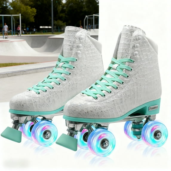 JZY Light Up Roller Skates for Women and Kids, Quad High-Top PU Leather Skates with Glowing Wheels (Youth Sizes 2-11)