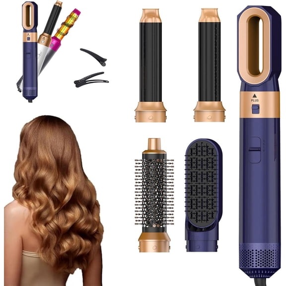 JZZR 4-in-1 Hair Styling Tool, Hot Air Brush, Auto Curling Wand, Multifunctional Hair Styler for Quick Hairstyling, Blue & Gold